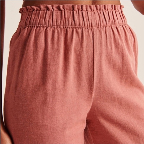 Abercrombie & Fitch High Rise Elastic Waist Linen Wide Leg Crop Pant Coral Large - Picture 2 of 12